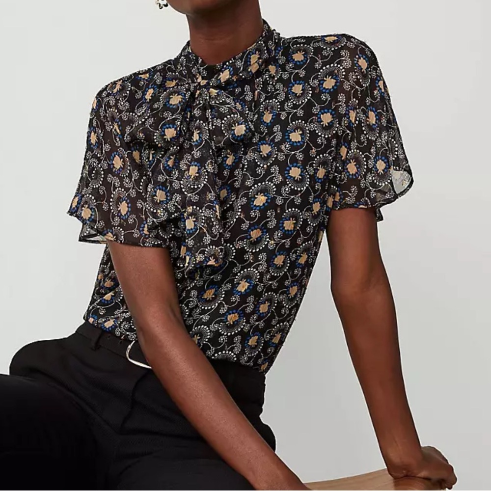 NWT Ann Taylor Black Ruffled Short Sleeve Blouse